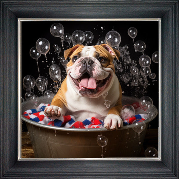 Glass Wall Art - Bubble Bath English Bulldog with Towel