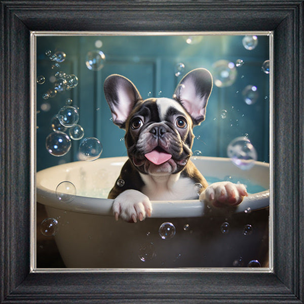 Glass Wall Art - Bubble Bath French Bulldog