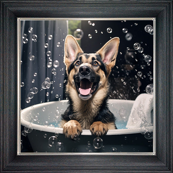 Glass Wall Art - Bubble Bath German Shepard