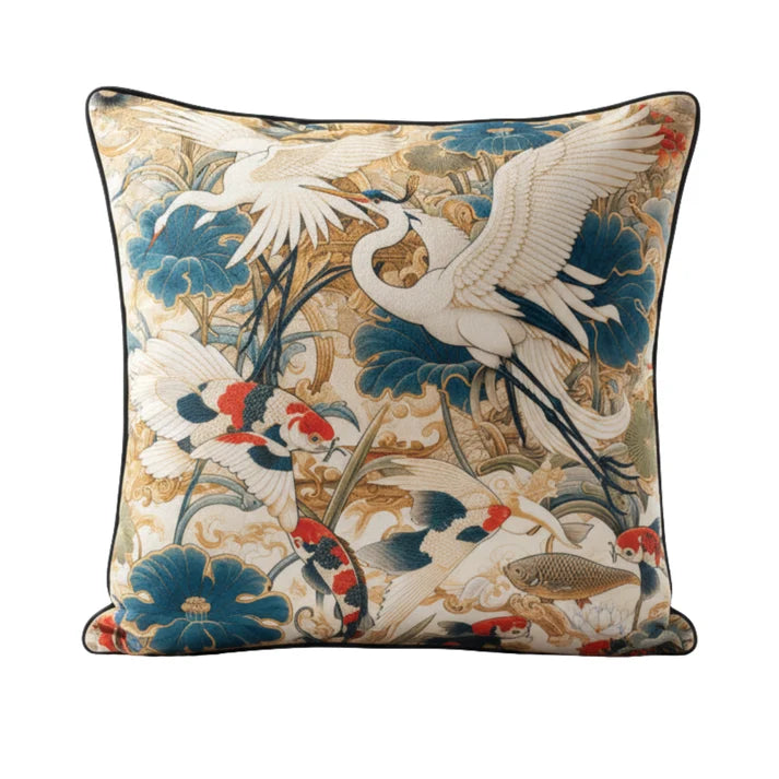 Velvet Cushion - Orient 1 - Japanese Crane and Koi Fish French Velvet Cushion