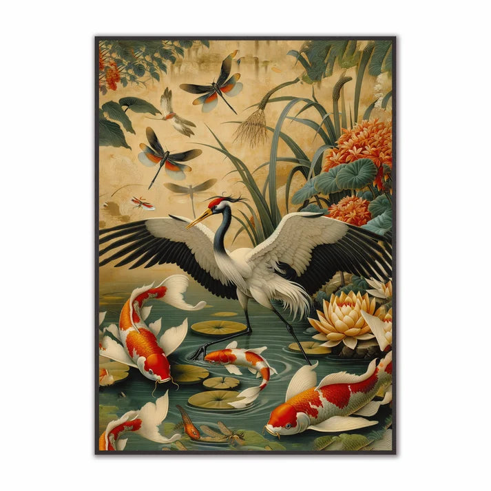 Velvet Canvas Art - Orient 2 - Japanese Crane, Koi Fish and Lotus Flower Framed Wall Art