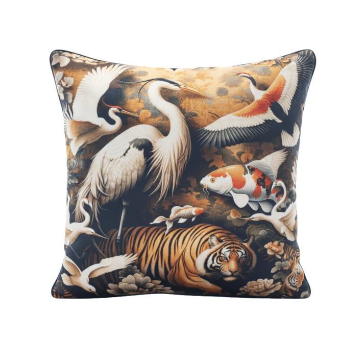 Velvet Cushion - Orient 3 - Japanese Crane, Tiger and Koi Fish French Velvet Cushion