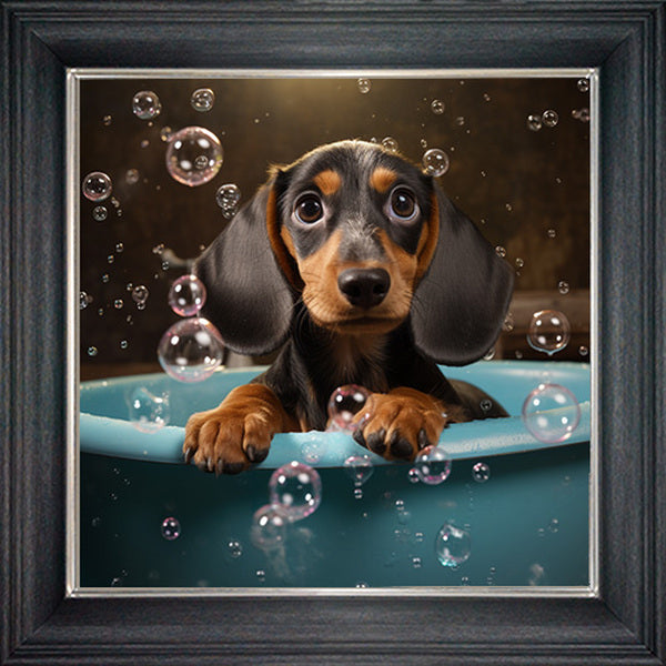 Glass Wall Art - Bubble Bath Sausage Dog