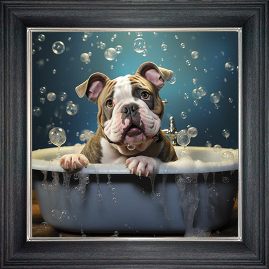 Glass Wall Art  -  Bubble Bath Bulldog Grey Bath