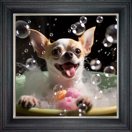 Glass Wall Art  -  Bubble Bath Chihuahua