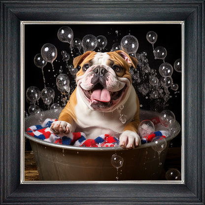 Glass Wall Art  -  Bubble Bath English Bulldog with Towel