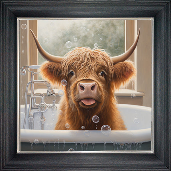 Glass Wall Art  -  Bubble Bath Highland Cow