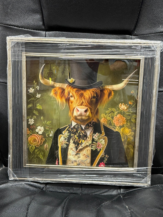 Glass Wall Art  -  Dressed up Highland Cow (1)