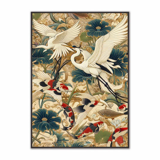 Velvet Canvas Art  -  Orient 1  -  Japanese Crane and Koi Fish Framed Wall Art