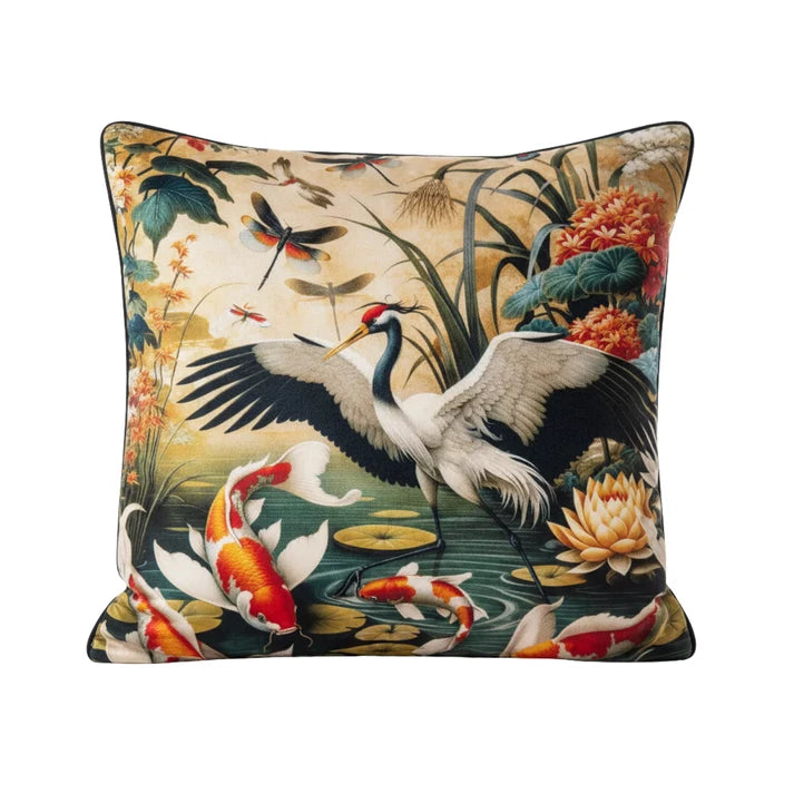 Velvet Cushion -  Orient 2  -  Japanese Crane, Koi Fish and Lotus Flower French Velvet Cushion