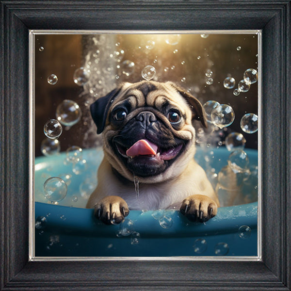 Glass Wall Art  -  Bubble Bath Pug