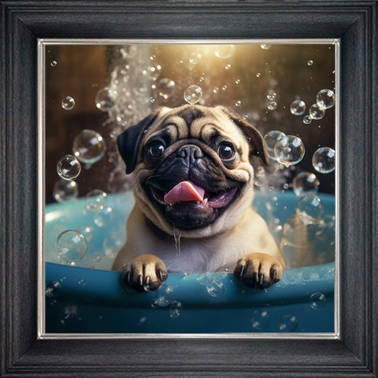 Glass Wall Art  -  Bubble Bath Pug