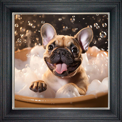 Glass Wall Art  -  Bubble Bath Tan French Bulldog